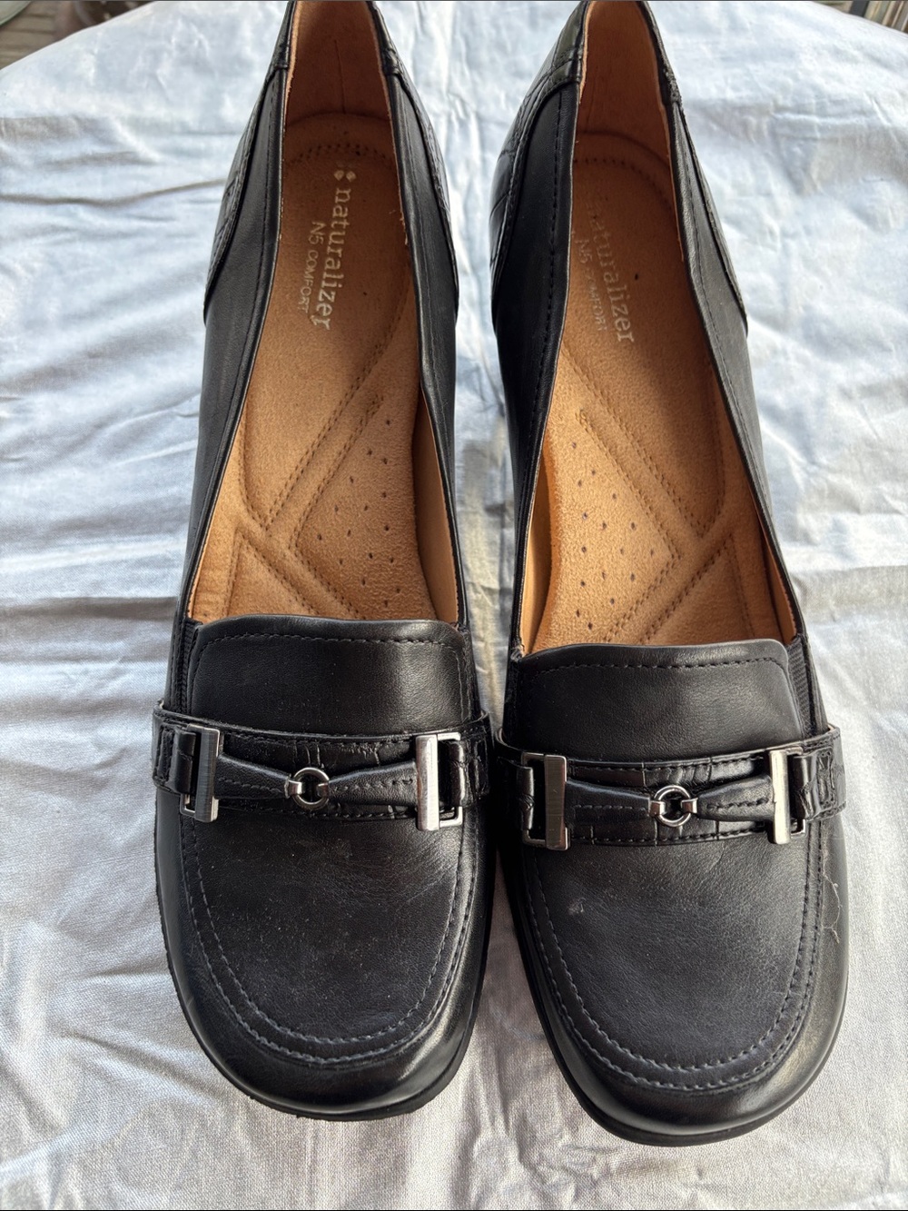 Naturalizer Black Leather Slip-On Loafers with Silver Hardware